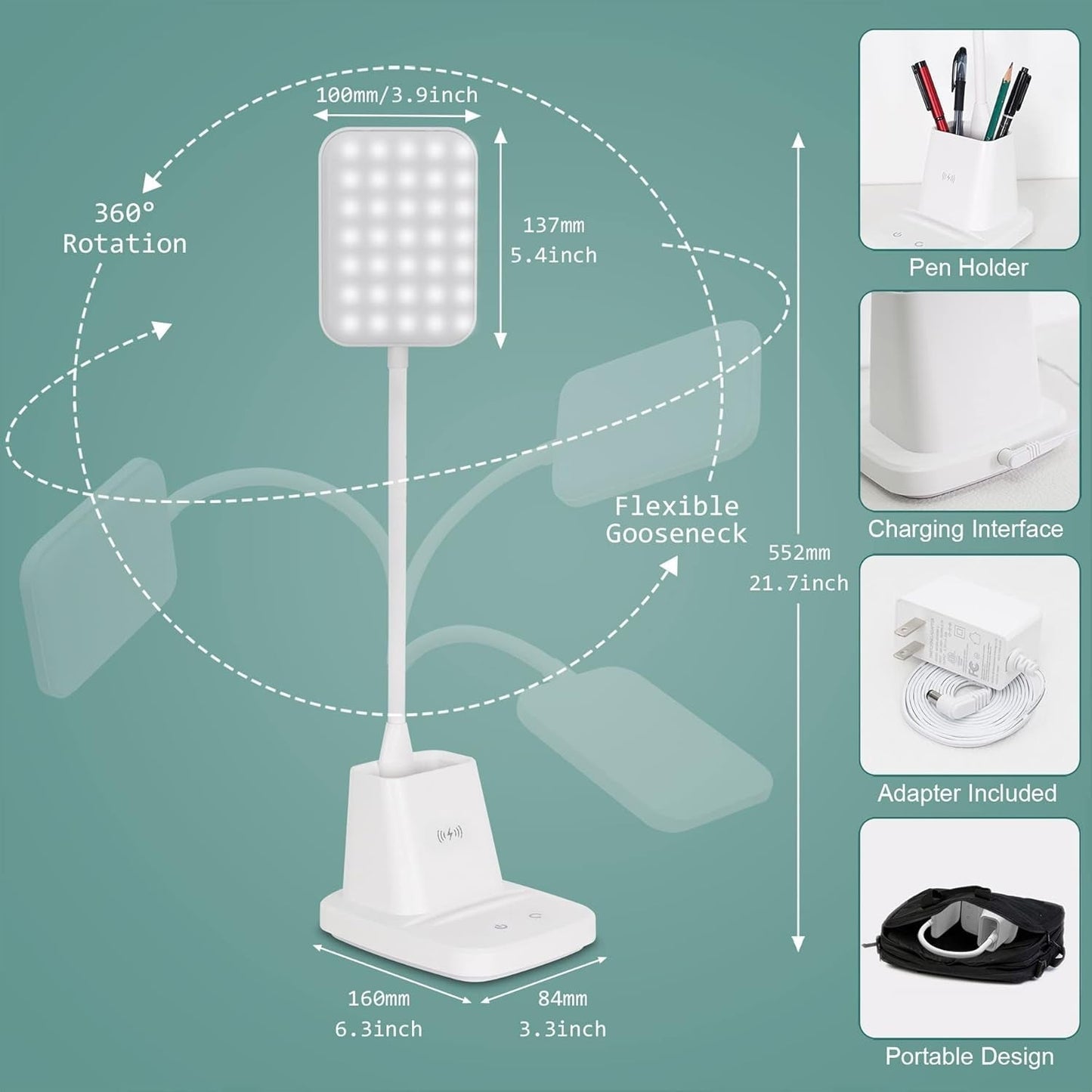 LED Desk Lamp w/ Wireless Charger & Organizer – White