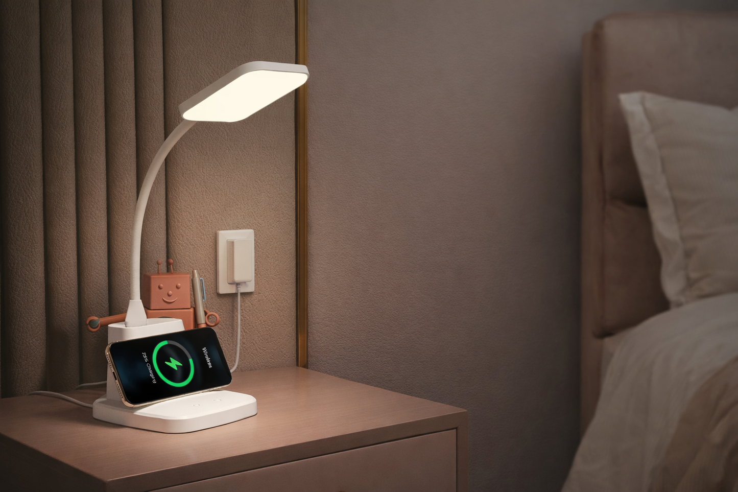 LED Desk Lamp w/ Wireless Charger & Organizer – White