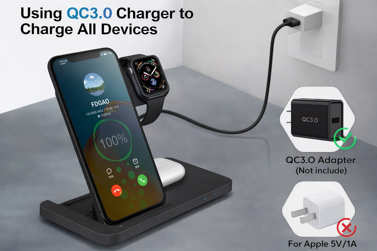 3 in 1 Wireless Charger 15W Fast Charging Station for Phone Watch & AirPods