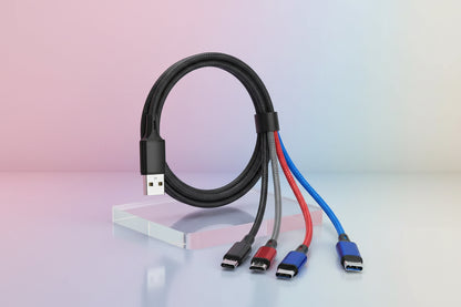 4-in-1 Multi Charging Cable — USB-C + Micro-USB + Dual Lightning, 4ft Nylon Braided
