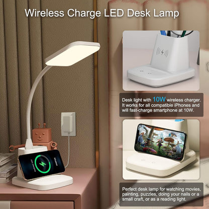 LED Desk Lamp w/ Wireless Charger & Organizer – White