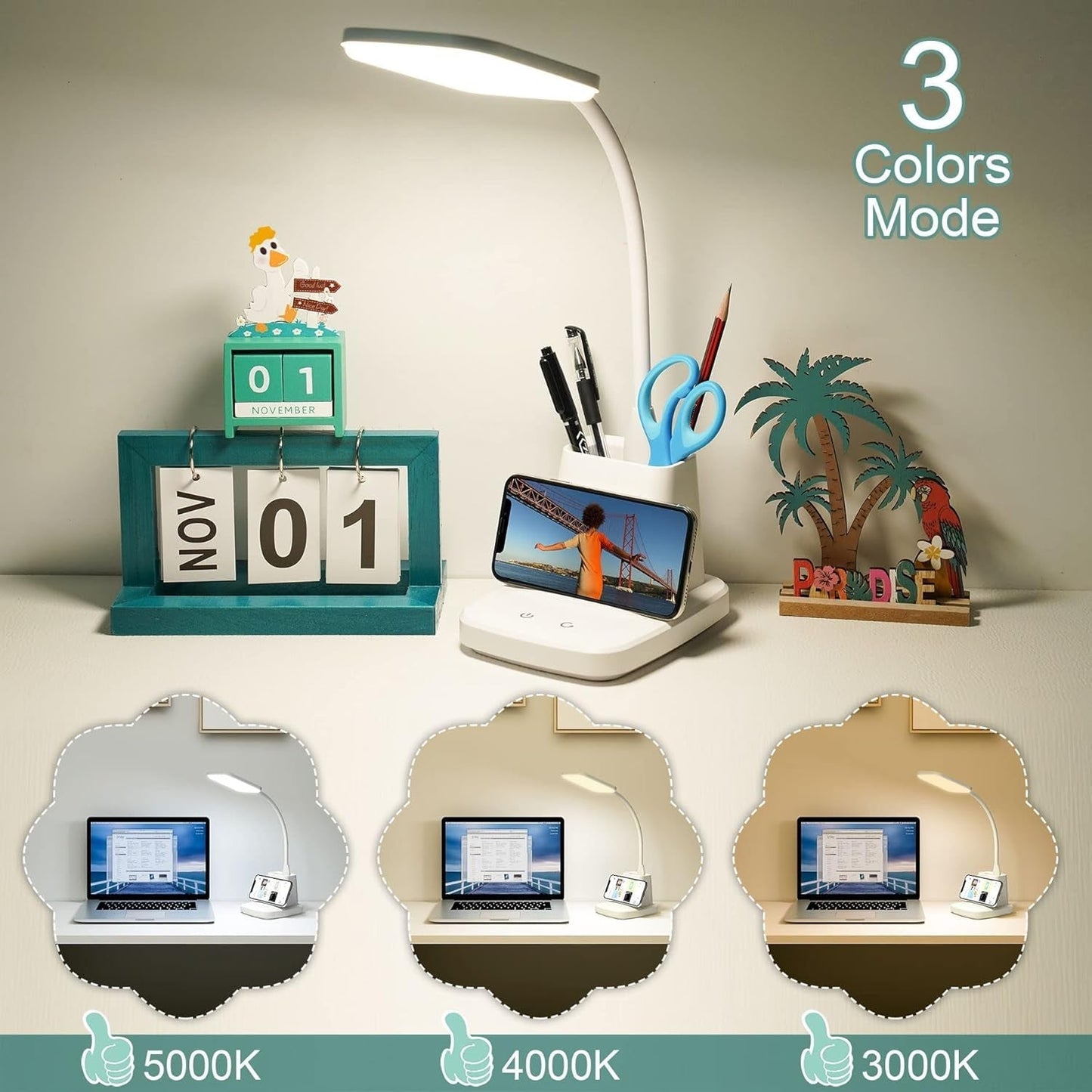 LED Desk Lamp w/ Wireless Charger & Organizer – White